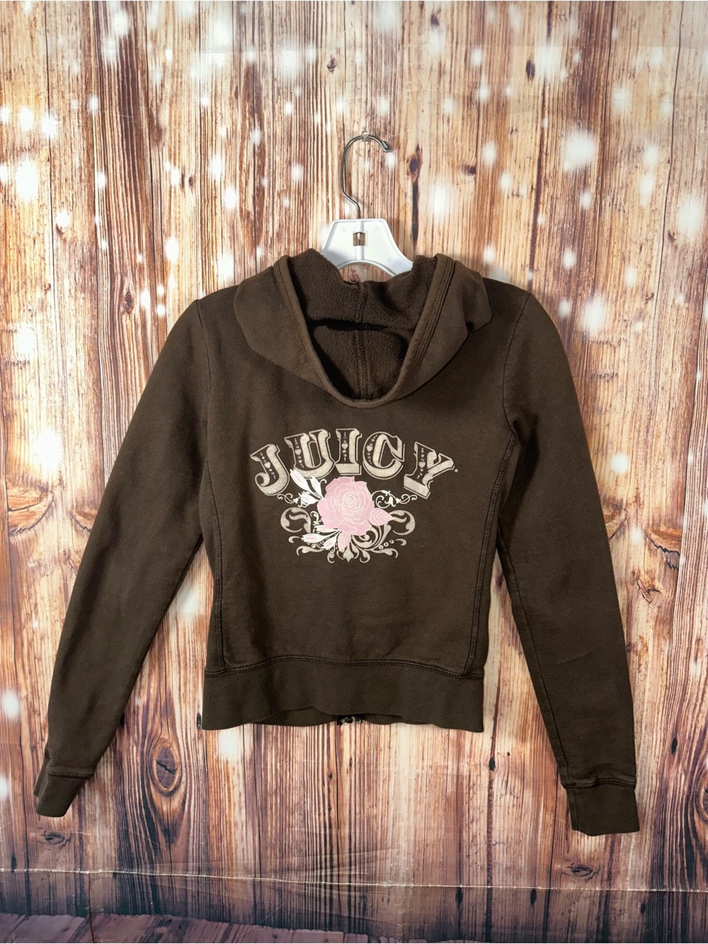 Y2K Juicy Couture Girls Brown Hoodie with Pink Rose Graphic Sweater Petite